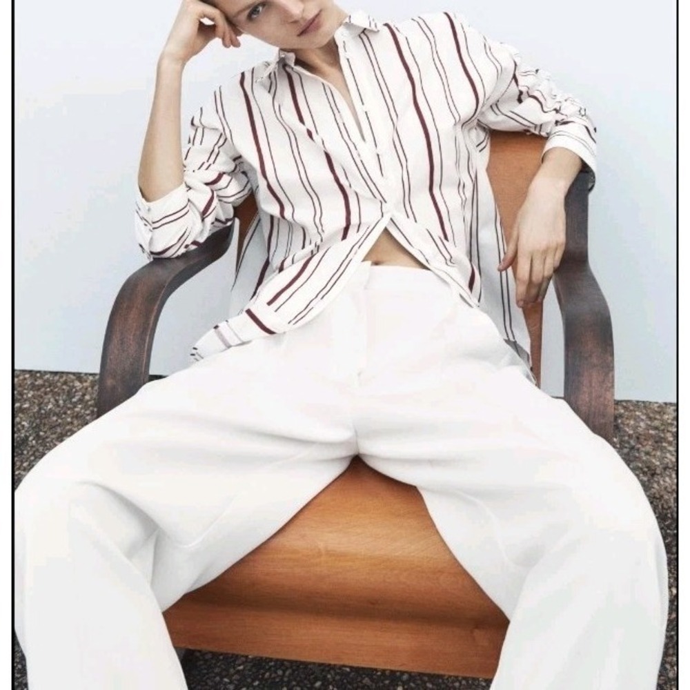 Zara Striped Button Down Relaxed Fit 100% Cotton Burgundy White Size M NWOT - Picture 9 of 9